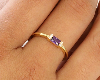 Amethyst Baguette Dainty Stacking Ring • Simple Gold Minimalist Ring • Sterling Silver Ring • Simple Amethyst Ring • Thin Delicate Ring Gift