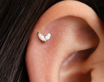 20G/18G Tiny Diamond Marquise Cartilage Threadless Push Pin Earrings • gold conch earring • tiny stud • helix• tragus studs • flat back