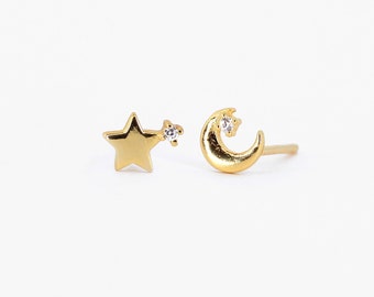 Mismatched Tiny Celestial Earrings • celestial set earrings • star earrings • sun moon earrings • minimalist stud earrings