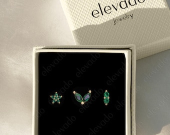 Set of 3 • 18G/16G Emerald Flower Flat Back Earring Gift Set • earring set • gift ready • gift for her • gift for mom • gift set