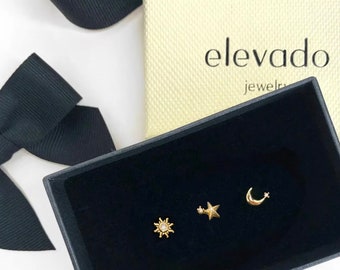 Tiny Celestial Flat Back Labret Stud Earrings • set of 3 earrings • star earrings • sun earrings • moon earrings • celestial earrings