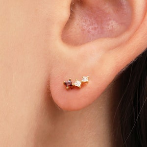Garnet x Diamond Tiny Climber Stud Earrings • dainty earrings • gold studs • small stud earrings • minimalist earrings • silver studs