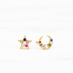 Moon and Star Earrings • mismatched celestial earrings • gold star earrings • silver moon stud earrings • moon and star earrings