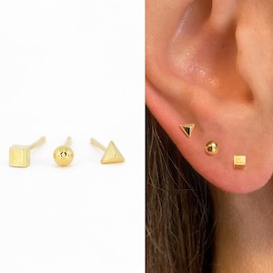 Tiny Geometric Set of 3 Studs • small stud earrings • dainty earrings • gold stud earrings • cartilage earrings • minimalist earrings