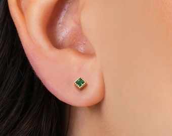 Tiny Emerald Bezel Stud Earrings • dainty silver earrings • tiny stud earrings • minimalist earrings • gold emerald earrings