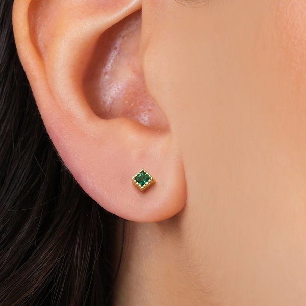 Tiny Emerald Bezel Stud Earrings • dainty silver earrings • tiny stud earrings • minimalist earrings • gold emerald earrings