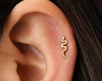 18G/16G Tiny Serpent Cartilage Gold Stud Earrings • snake tragus  • snake conch earrings • cartilage helix stud • flat back labret stud