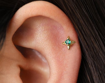 Brinco de cartilagem com estrela de esmeralda em ouro 18G: Brinco de tragus/concha em prata de lei