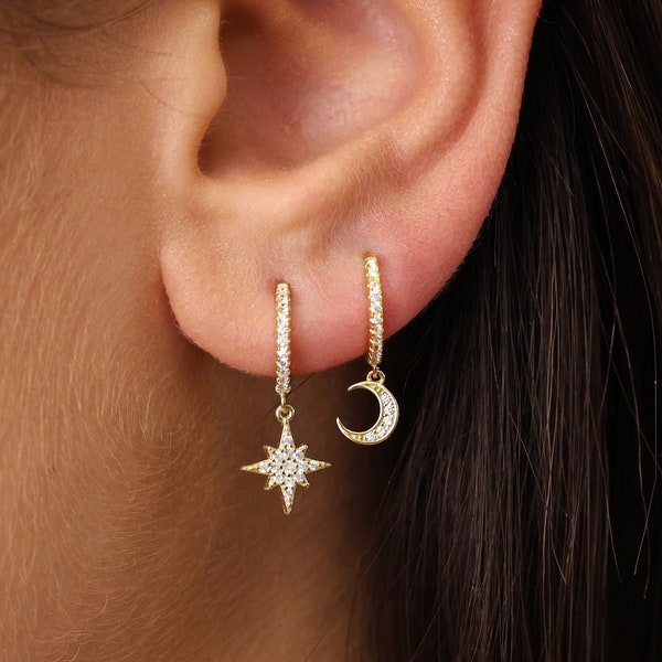 Moon & Star Hoop Earrings • mismtached gold star paved hoop earrings • gold moon hoop earrings • moon and star earrings • celestial earrings