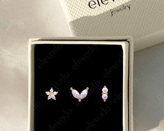 Set of 3 • 18G/16G Diamond Flower Flat Back Earring Gift Set • earring set • gift ready • gift for her • gift for mom • gift set