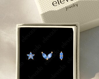 Set of 3 • 18G/16G Aquamarine Flower Flat Back Earring Gift Set • earring set • gift ready • gift for her • gift for mom • gift set