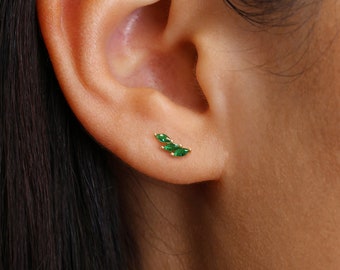 Tiny Emerald Leaf Climber Stud Earrings • dainty earrings • gold studs • small stud earrings • minimalist earrings • silver stud earrings