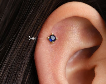 20G/18G/16G Gold Sapphire Threadless Push Pin Labret Stud • Solid 925 Sterling Silver • Flat Back Earring • Tragus Helix • Conch Earrings