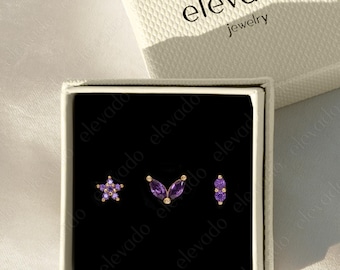 Set of 3 • 18G/16G Amethyst Flower Flat Back Earring Gift Set • earring set • gift ready • gift for her • gift for mom • gift set