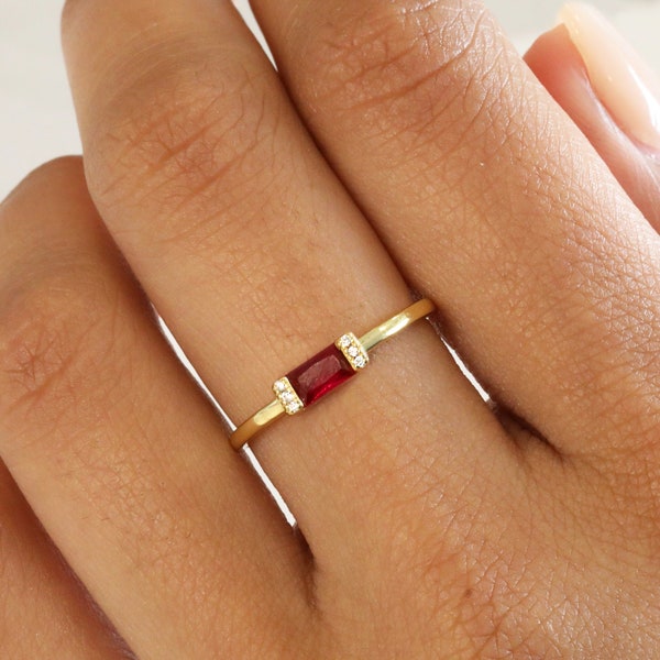 Ruby Baguette Dainty Stacking Ring • Simple Gold Minimalist Ring • Sterling Silver Ring • Simple Ruby Ring • Thin Delicate Ring Gift