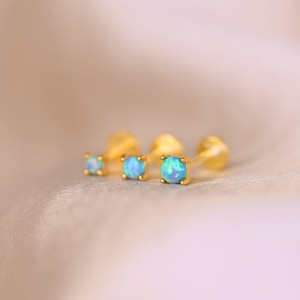 18G/16G Blue Fire Opal Threadless Gold Push Pin Labret Stud • Solid 925 Sterling Silver • Tragus Stud • Flat Back Earring • Helix • Conch