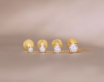 20G/18G/16G Threadless Gold Push Pin Labret Stud • Solid 925 Sterling Silver • Tragus Stud • Flat Back Earring • Helix • Conch