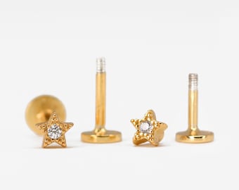 Brinco labret de cartilagem com engaste em estrela 18G e base plana • brinco pequeno de estrela para concha • cartilagem • hélix • tragus • labret • estrela