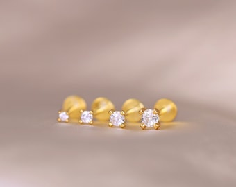 20G/18G/16G Gold Threadless Push Pin Labret Stud • Solid 925 Sterling Silver • Tragus Stud • Flat Back Earring • Helix • Conch