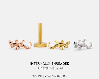 18G/16G Cute Gecko Internally Threaded Labret Stud • Cartilage Earring • Tragus • Conch Stud • Lizard Cartilage Stud • Flat back Labret