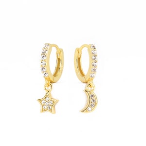 Moon & Star Hoop Earrings • gold star hoop earrings • moon and star earrings • mismtached gold star paved hoop earrings • celestial earrings