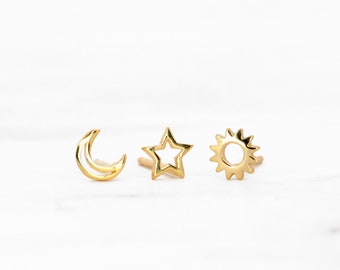Celestial Stud Earrings Set: 18k Gold Plated Sterling Silver Tiny Star, Sun & Moon