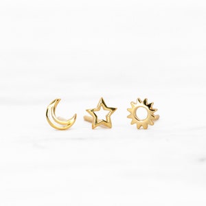 Tiny Hollow Celestial Stud Earrings • set of 3 earrings • star earrings • sun earrings • moon earrings • minimalist • celestial earrings