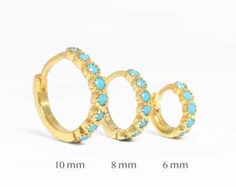 Bezel Turquoise Hoop Earrings •  turquoise small hoop earrings • gold milgrain hoop earrings • turquoise gemstone huggie hoop earrings