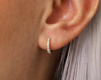 Tiny Tapered Huggie Hoop Earrings • gold conch hoop • cartilage hoop • hoop earrings • silver pave ring hoop • tragus hoop • helix hoop