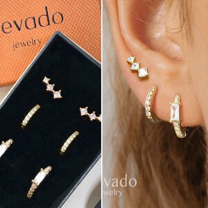 Gold Gemstone Earring Gift Set • Front Back Earring • Huggie Hoop Earrings • earring set • gift for her • gift for mom • gift set