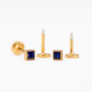 18G Square Sapphire Cartilage Flat Back Labret • tiny star conch earrings • cartilage stud • helix stud • tragus stud • labret stud