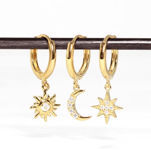 Set of 3 Mismatched Celestial Hoop Earrings • moon & star Hoops • gold sun hoop earrings • gold moon hoop earrings • moon star sun earrings