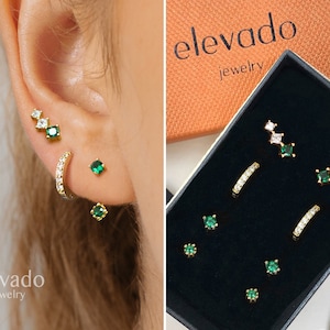 Emerald x CZ Earring Gift Set • Front Back Earring • Huggie Hoop Earrings • earring set • gift for her • gift for mom • gift set