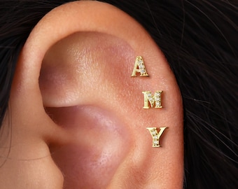 Dainty Initial Letter Cartilage Stud • conch earrings • tiny stud earrings • cartilage stud • helix stud • tragus stud earring • screw back