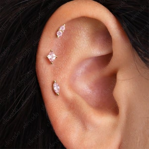 Lot de 3 • Boucles d'oreilles labret à dos plat en tourmaline rose 18 g/16 g • Boucles d'oreilles cartilage • Boucles d'oreilles hélice • Boucles d'oreilles tragus • Boucles d'oreilles conque