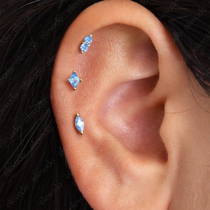 Set of 3 • 18G/16G Aquamarine Flat Back Labret Earring Stack • Aquamarine Cartilage Helix Earrings • Tragus Earring • Conch Earring