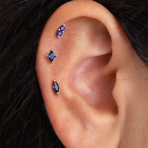 Set of 3 • 18G/16G Sapphire Flat Back Labret Earring Set • Sapphire  Cartilage Earrings • Helix Earrings • Tragus Earrings • Conch Earring