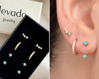 Blue Opal x CZ Earring Gift Set • boucles d’oreilles à clous • boucles d’oreilles à cerceau • ensemble de boucles d’oreilles • prêt cadeau • cadeau pour elle • cadeau de Noël • coffret cadeau