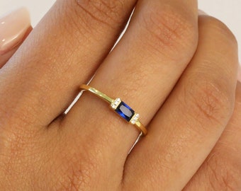 Sapphire Baguette Dainty Stacking Ring • Simple Gold Minimalist Ring • Sterling Silver Ring • Simple Sapphire Ring • Thin Delicate Ring Gift