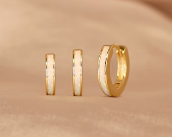 Iridescent Opal Inlay Huggie Hoop Earrings • elevado jewelry • minimalist earrings • dainty earrings • gold • silver • rose gold