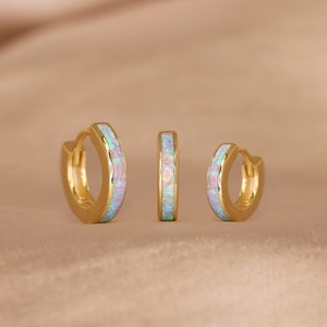 Blue Iridescent Opal Inlay Huggie Hoop Earrings • elevado jewelry • minimalist earrings • dainty earrings • gold • silver • rose gold