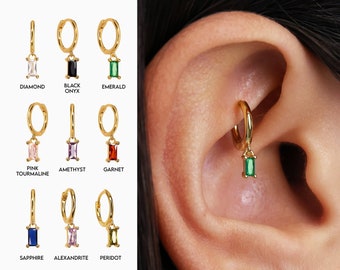 Tiny Baguette Rook Hoop Earring • helix hoop • emerald • diamond • baguette • cartilage hoops • elevado jewelry