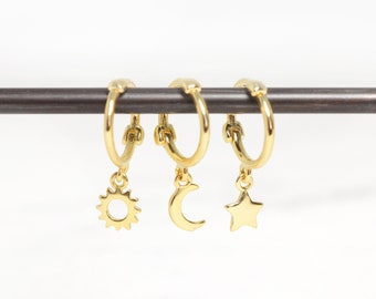 Set of 3 Celestial Tiny Hoop Earrings • gold star huggie hoop • gold moon hoop earrings • sun hoop earrings • silver celestial jewelry
