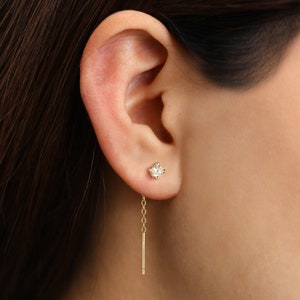 Birthstone Chain Threader • CZ cartilage dainty earrings • gold petal studs • small stud earrings • minimalist earrings
