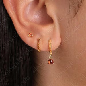 Garnet Gemstone Hoop Earring Set • gift for her • Garnet gift • minimalist dainty earrings •  Garnet earrings • January birthstone