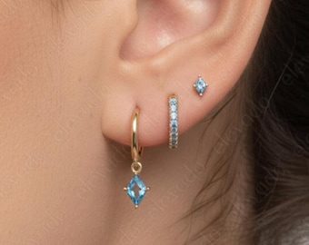 Aquamarine Huggie Hoop Earrings Set • Sterling Silver
