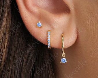 Aquamarine Dainty Hoop Sterling Silver Hoop Earrings