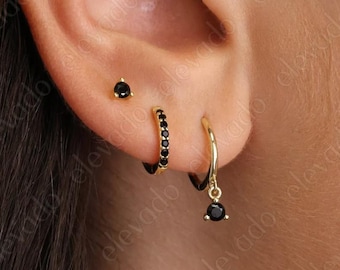 Black Onyx Sterling Silver Earring Set: Hoop Earrings & Studs