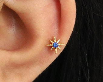 18G/16G Sapphire Star Cartilage Gold Stud Earrings • star tragus • sapphire conch earrings • cartilage helix stud • flat back labret stud