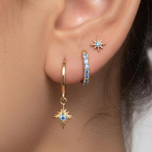 Ensemble cadeau boucles d'oreilles créoles en argent sterling aigue-marine étoile